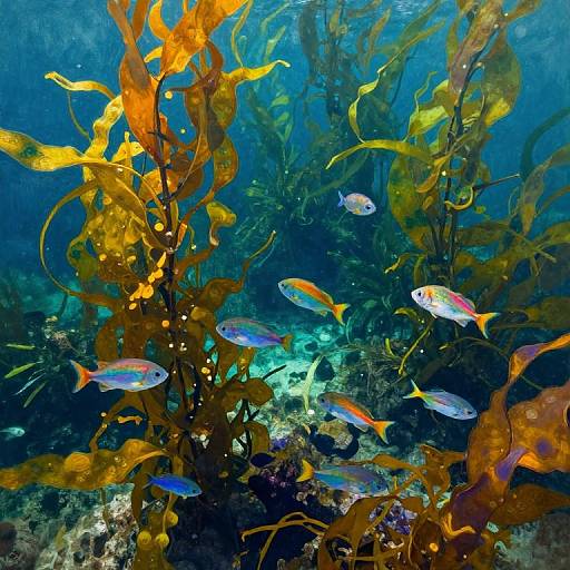 Vibrant underwater photograph showing colorful fish swimming among bright yellow and green seaweed in a deep blue ocean.