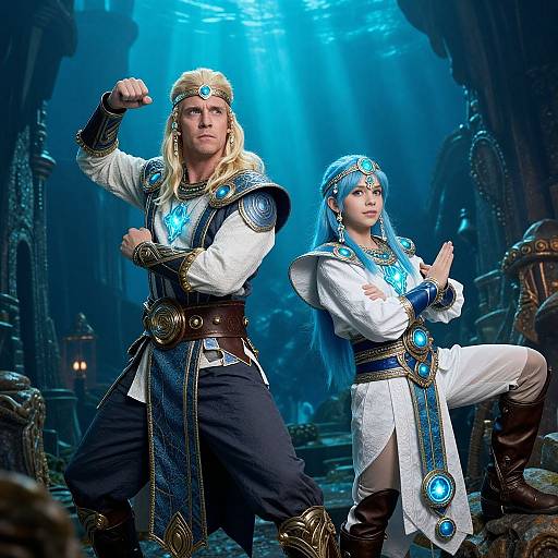 Photograph-style CGI of a muscular blond man and a slender woman in blue-embellished white fantasy armor, standing confidently in a blue-lit