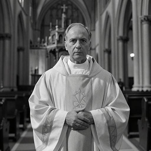 Black-and-white photograph of an elderly Catholic priest in a white, embroidered alb, standing in a grand, Gothic-style cathedral.