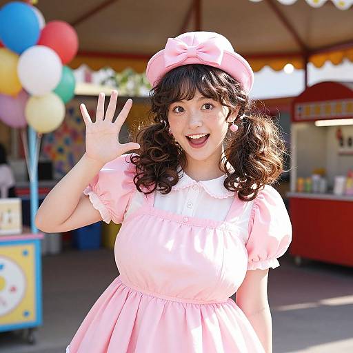 Photograph of a young Asian woman with curly brown hair, wearing a pink dress and beret, waving cheerfully at a colorful carnival. Ballo