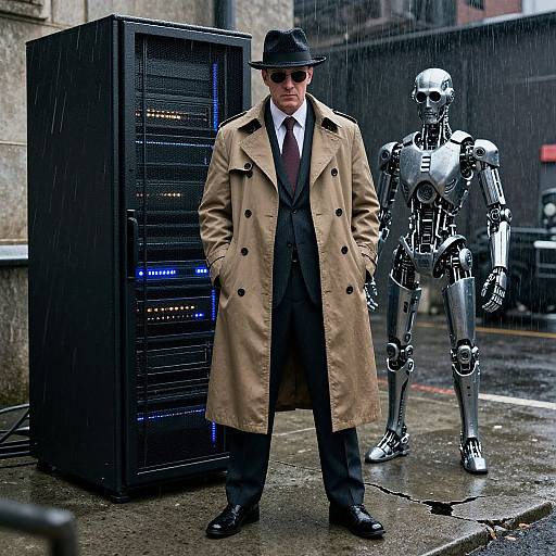 Photograph: suave man in beige trench coat, black suit, tie, fedora, sunglasses, standing in rain with silver robot and black server