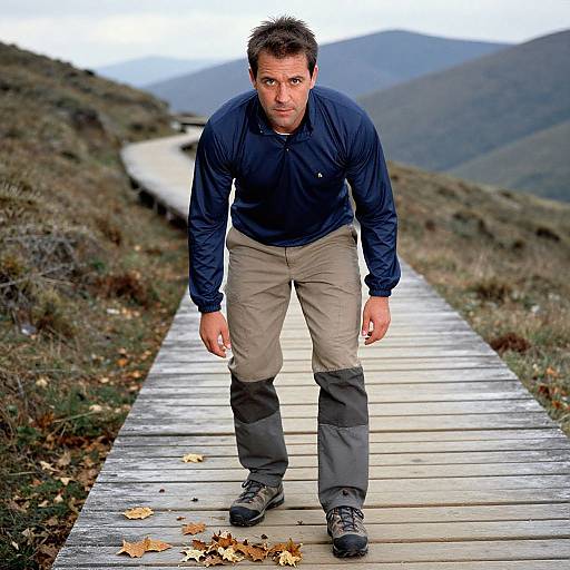 Photograph of a middle-aged man with short brown hair, wearing a navy shirt, beige pants, and hiking boots, standing on a wooden path in