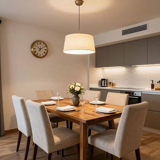 Photograph of a modern dining room with a wooden table, beige upholstered chairs, white flower vase, wine glasses, and a large pendant light,