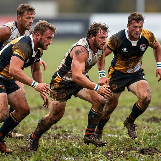 Rugby Players Charging on Muddy Field