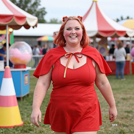 Photograph of a smiling, fair-skinned, red-haired woman in a red dress with caplet and bow, at a colorful outdoor fair.