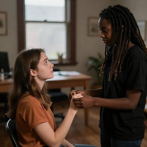 Photograph of a black man with dreadlocks and a black shirt, gently holding the wrist of a white woman with brown hair and an orange shirt,