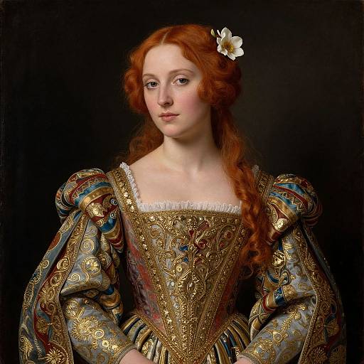 Renaissance-style portrait of a fair-skinned woman with red hair, wearing an ornate, gold-embroidered dress, and a white