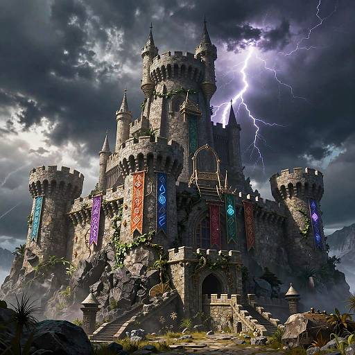 Digital fantasy artwork of a stormy, lightning-struck, medieval castle with colorful stained glass, surrounded by rocky terrain and overgrown vegetation.