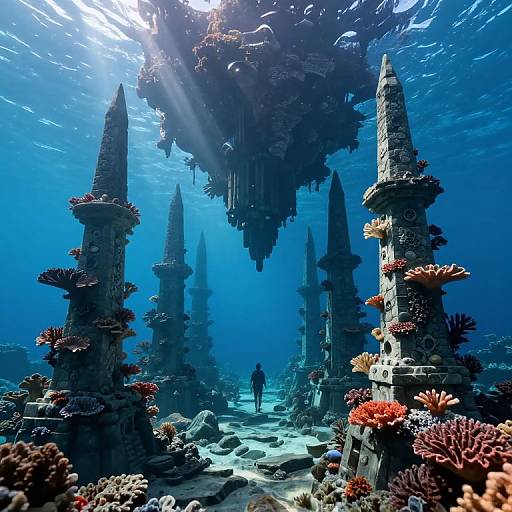 Photograph of an underwater scene with sunbeams illuminating tall, stone-like coral pillars surrounded by vibrant, colorful coral reefs and a small, sil