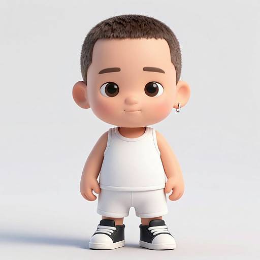 CGI cartoon of a cute young boy with short brown hair, wearing a white tank top, white shorts, black shoes, and a small earring