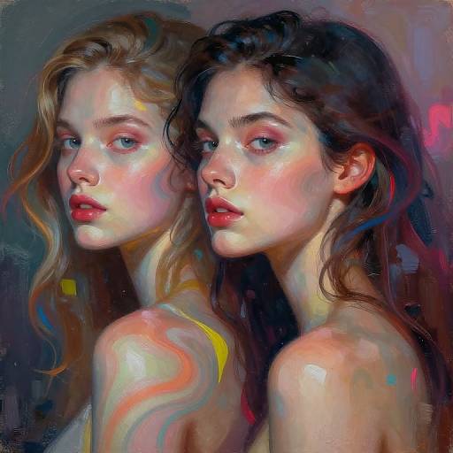 Digital painting of two women with ethereal, painterly styles; both have fair skin, blue eyes, and red lips; one with blonde hair,
