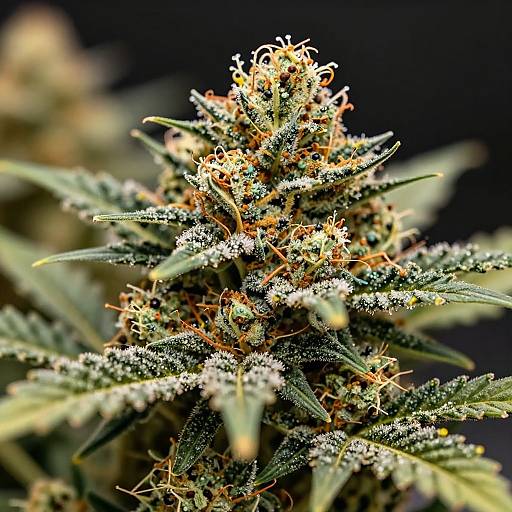 Close-up photograph of a cannabis plant's dense, green, serrated leaves with white trichomes and small, orange, budding flowers against a dark