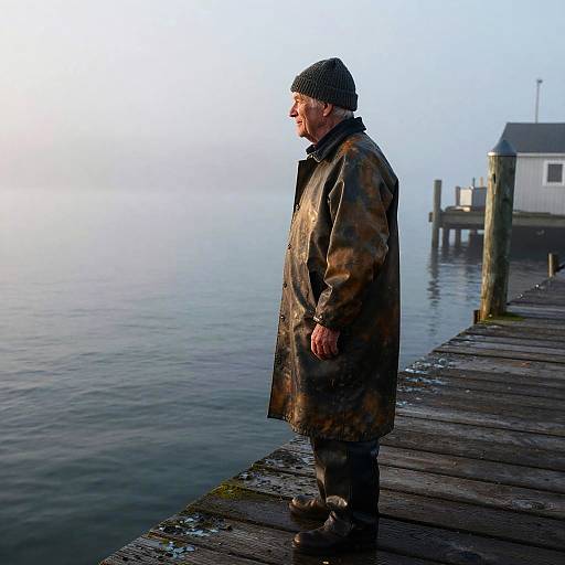 Melancholic Fisherman on Fogbound Dawn Pier