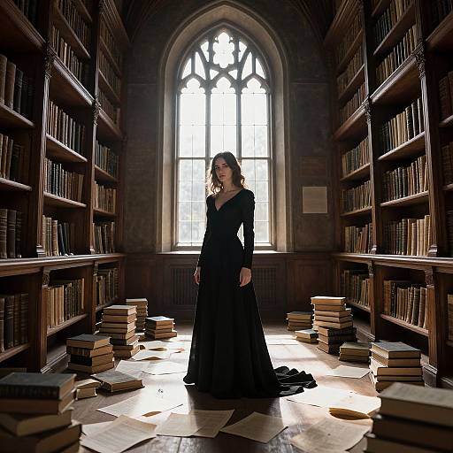 Photograph of a woman in a long black dress standing in a sunlit, medieval library with tall bookshelves and a large arched window.