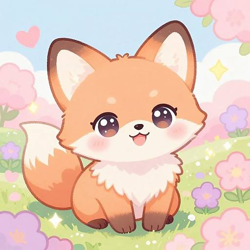 Adorable, cartoon-style, chibi fox with large, shiny eyes and a cute, open-mouthed smile sitting in a colorful, blooming me