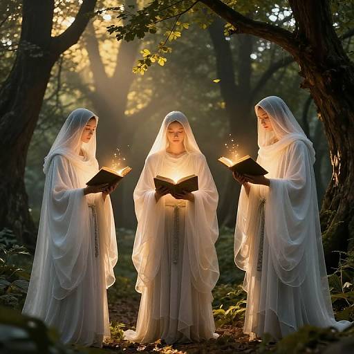 Photograph of three ethereal women in white, translucent veils, holding glowing books, standing in a sunlit forest, surrounded by trees.
