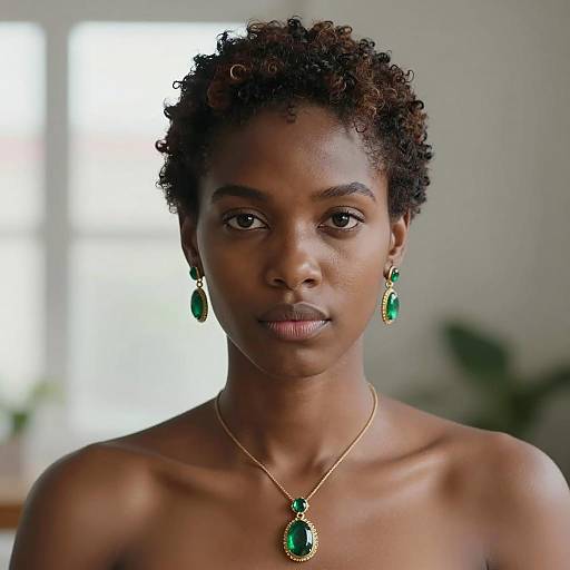 Black Woman with Short Curly Hair and Green Jewelry