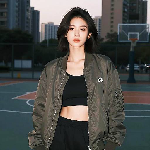 Young Woman with Layered Undercut in Bomber Jacket on Basketball Court