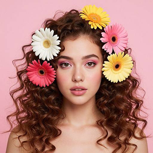 Photograph of a fair-skinned woman with curly brown hair, wearing a colorful flower crown, pink eyeshadow, and nude lipstick against a pink