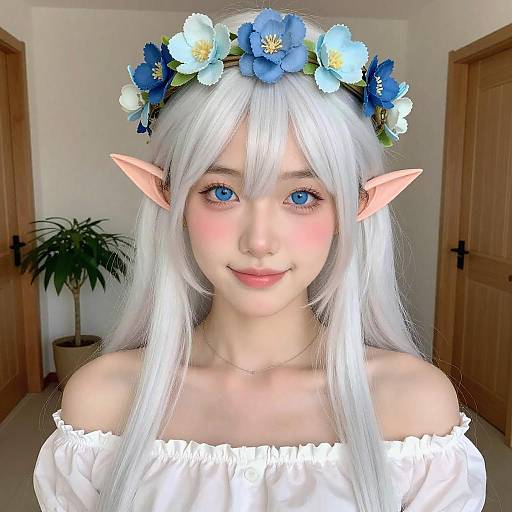 Elf Woman with White Hair and Flower Crown