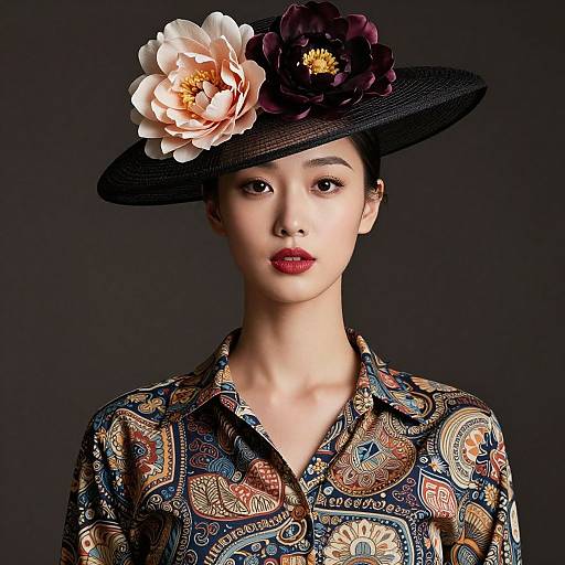 Photograph of an Asian woman with fair skin, red lipstick, and black hat adorned with large white and purple flowers, wearing a colorful paisley-pattern
