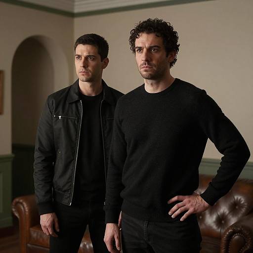 Two Serious Men in Dimly Lit Room