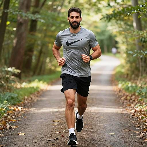 Muscular Man Running on Forest Path