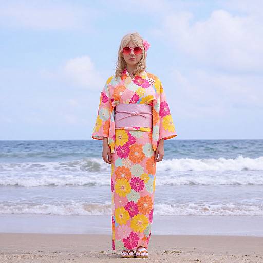 Blonde woman in vibrant floral kimono, pink sash, red sunglasses, flower hair clip, standing on beach with ocean waves.