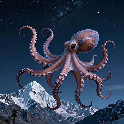 Photorealistic digital image of a pink-orange octopus with curled tentacles floating above a snow-capped mountain under a starry night sky.