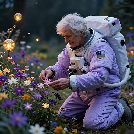 Elderly Astronaut Tending to Garden at Twilight