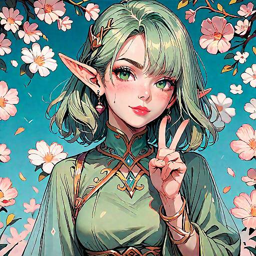 Anime Elf Striking V Sign, Swirling Colors