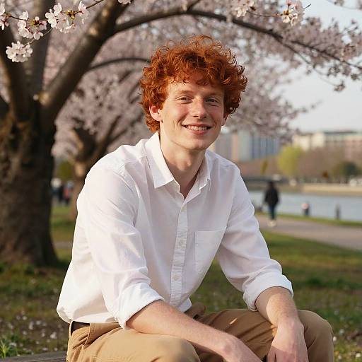 Photograph of a smiling young red-haired man with curly hair, wearing a white shirt and beige pants, sitting under blooming cherry blossoms in a