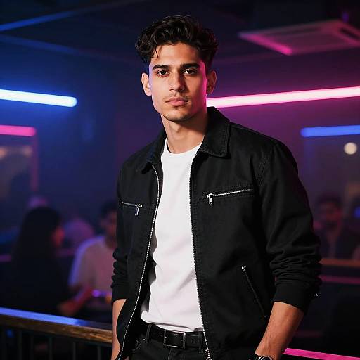 Stylish Man in Neon Lit Nightclub