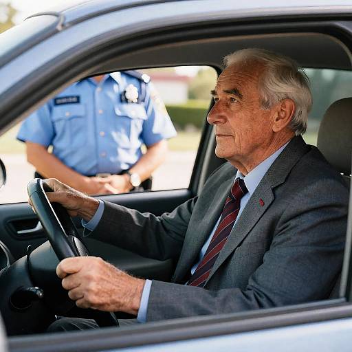 Elderly Man Driving with Police Officer Nearby
