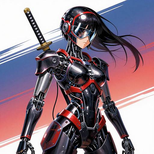 Digital anime-style illustration of a black-haired female cyborg warrior in red and black armor, with a katana on her back, against a gradient sunset