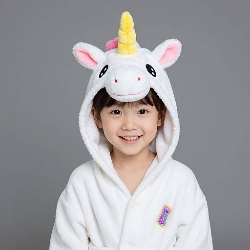 Photograph of a smiling Asian boy wearing a white unicorn hooded onesie with a yellow horn, pink inner ears, and a gray background.