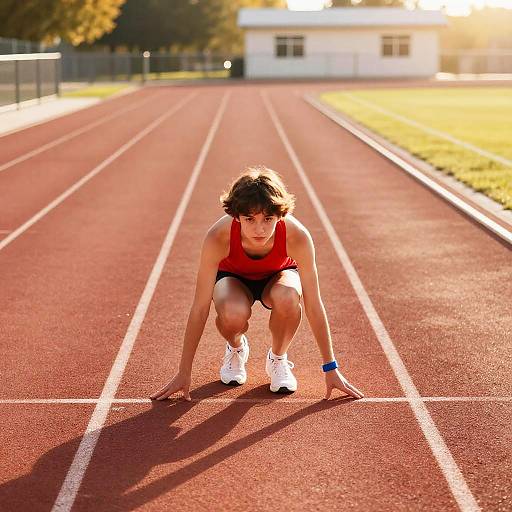 Sunlit Athlete Squatting on Track