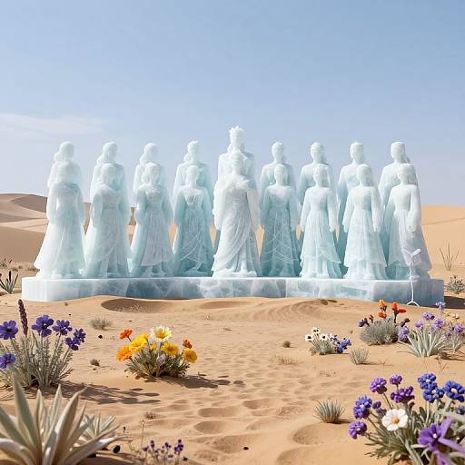 Photorealistic digital image of a group of translucent, white, angel-like statues standing in a desert with colorful wildflowers and sandy dunes under a