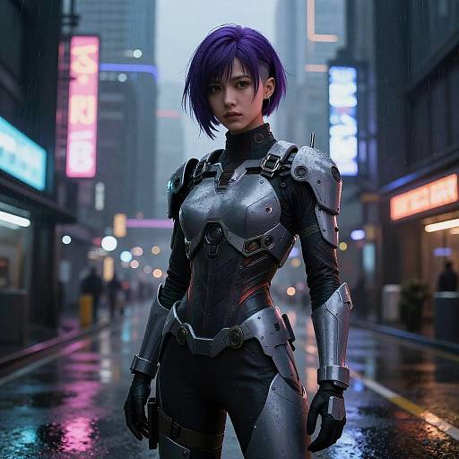 CGI cyberpunk street scene: Asian woman with short purple hair, wearing futuristic black and silver armor, stands in a rainy neon-lit city at