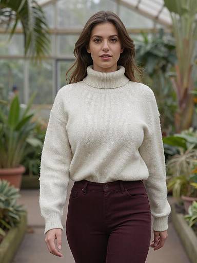 Photograph of a woman with long brown hair, wearing a white turtleneck sweater and dark brown pants, standing in a greenhouse with lush plants and