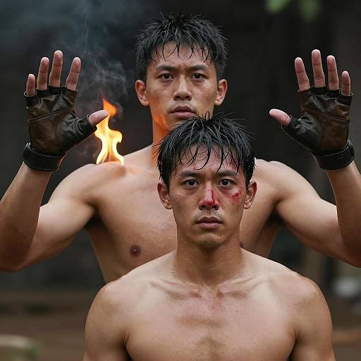 Intense Duel Between Two Muscular Fighters