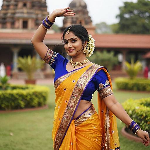 Photograph of an Indian woman in a vibrant yellow-orange saree with gold embroidery, blue blouse, and floral hairpiece, dancing outdoors in front of
