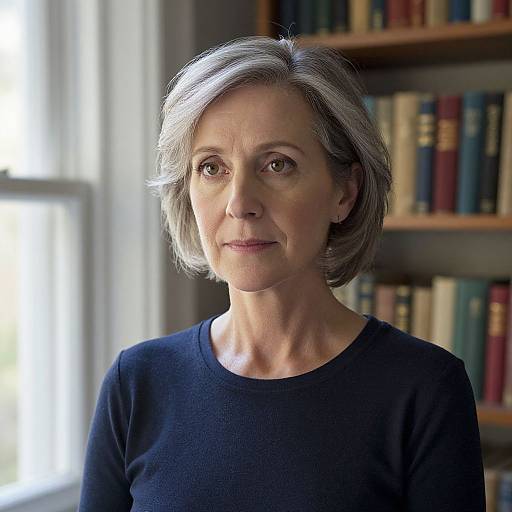 Photograph of an older woman with short gray hair, wearing a navy blue sweater, standing in a sunlit library with bookshelves in the background