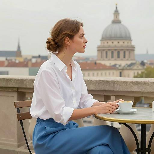 Woman Sitting at Outdoor Cafe with Cityscape Background