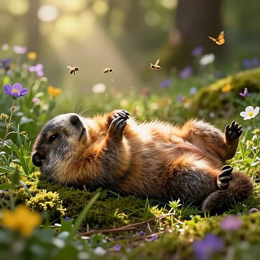 Photograph of a playful, fluffy brown bear lying on its back in a sunlit meadow, surrounded by colorful flowers, with four buzzing bees flutter