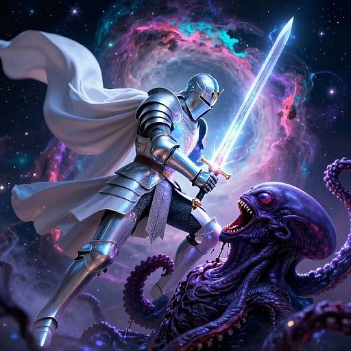 Digital fantasy artwork of armored knight with glowing sword battling a monstrous, tentacled creature against a cosmic, colorful nebula background.