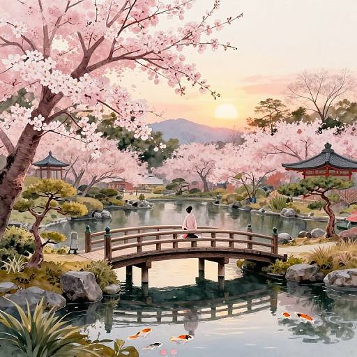 Digital painting of a serene Japanese garden at sunset, featuring a cherry blossom tree, wooden bridge, koi fish, and traditional buildings.