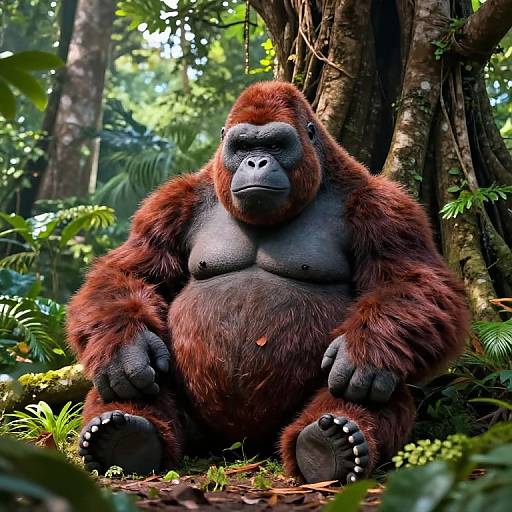 Photograph of a large, muscular orangutan with red fur, sitting in a lush, sunlit forest, surrounded by tall trees and green foliage.