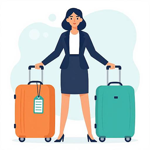 Digital illustration of a smiling woman in a navy blazer and skirt, black heels, holding an orange and teal suitcase each.