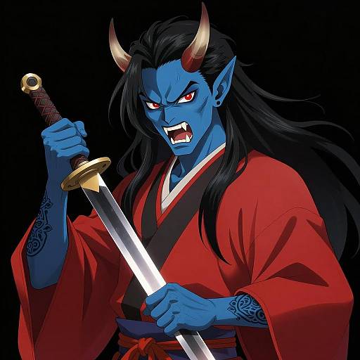 Intense Demon in Red and Black Kimono